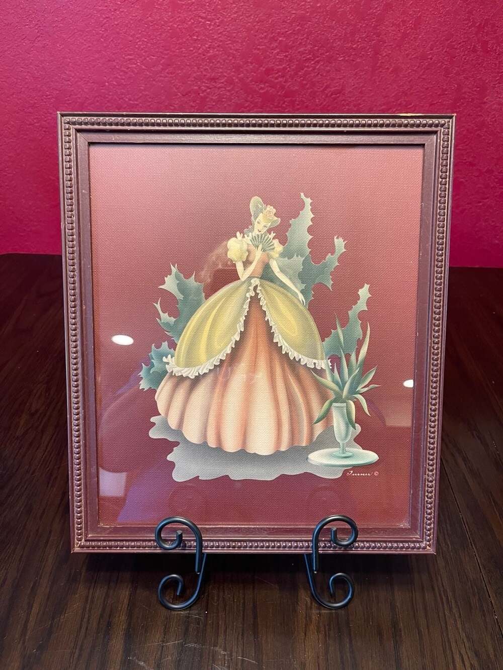 Vintage Turner Wall Art Print of Victorian Lady in Pink Dress with Fan